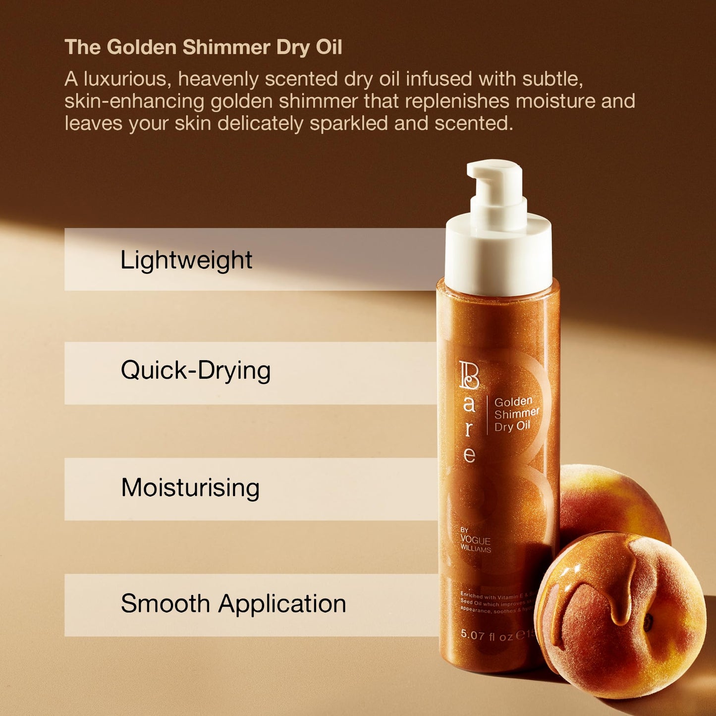 Bare by Vogue Golden Shimmer Dry Oil - Moisturise and Hydrate your Skin with Gorgeous Sparkle - Lightweight & Quick-Drying Face & Body Shimmer Oil, 150ml