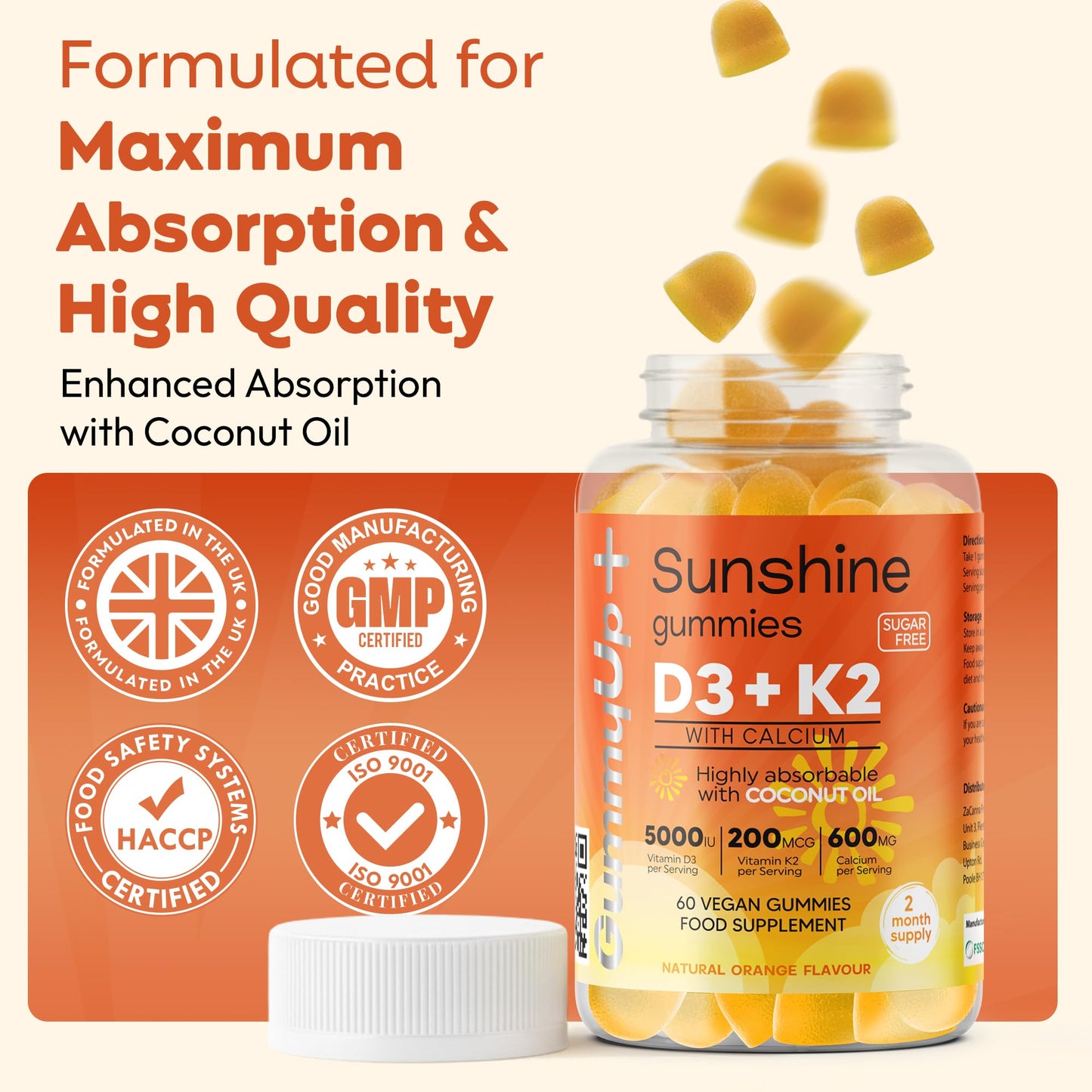 GummyUP+ Sunshine D3 + K2 MK-7 Immunity Gummies | Sugar-Free | 2-Month Supply | with Calcium | 5000 IU Vitamin D3 | Vegetarian | GummyUp+