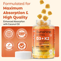 GummyUP+ Sunshine D3 + K2 MK-7 Immunity Gummies | Sugar-Free | 2-Month Supply | with Calcium | 5000 IU Vitamin D3 | Vegetarian | GummyUp+