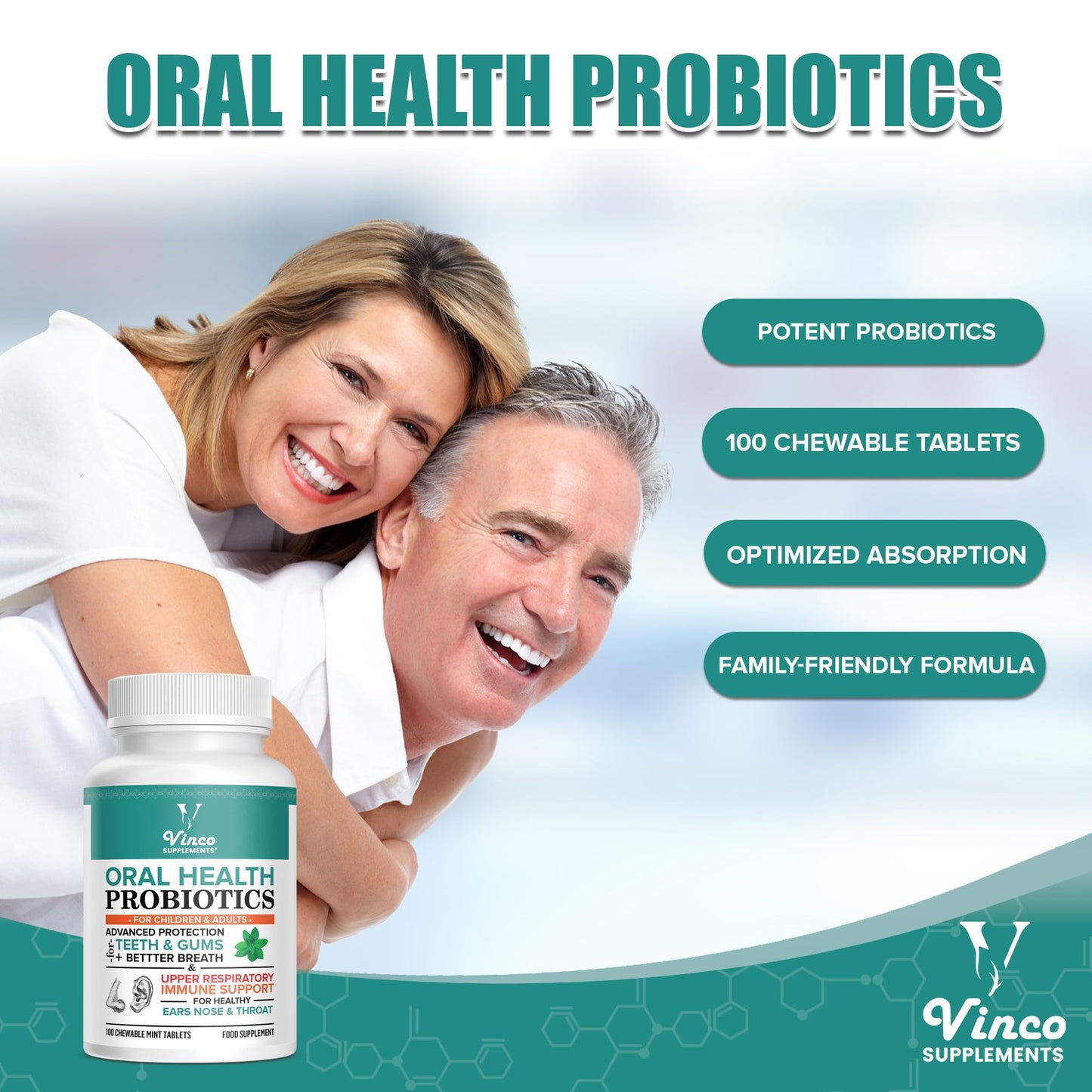 Vinco Advanced Oral Probiotics for Healthy Teeth, Gums, & Fresh Breath - Adults & Kids Immune Support for Ear, Sinus & Throat with BLIS K12 BLIS M18-100 Chewable Tablet - Fresh Mint - Made in The UK