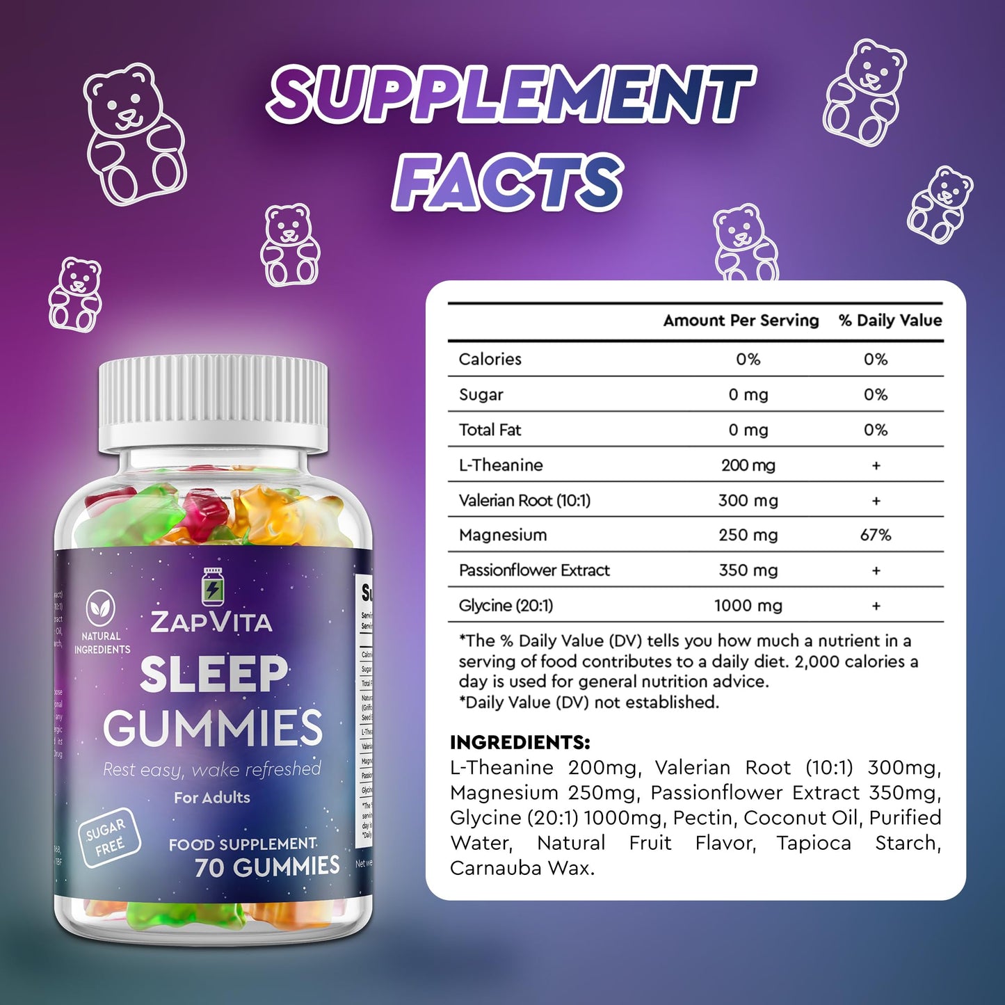 ZAPVITA Sleeping Aid for Adults – 70 Extra Strong Natural Sleep Gummies with L-Theanine & Magnesium – Melatonin Alternative Gummy for Adult Restful Sleep & Relaxation – Night Time Support