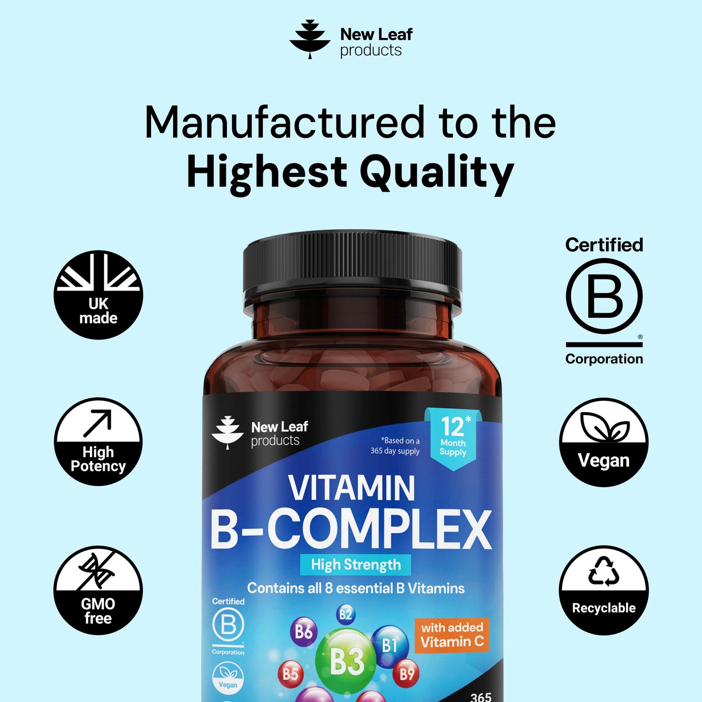 NEW LEAF PRODUCTS Vitamin B Complex - 365 Small Tablets - All 8 B Vitamins B1-B2-B3-B5-B6-B12, (1 Year Supply) High Strength Biotin, Folic Acid and Vitamin C - Reduction of Tiredness, Energy & Immune Support - UK Made