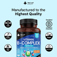 NEW LEAF PRODUCTS Vitamin B Complex - 365 Small Tablets - All 8 B Vitamins B1-B2-B3-B5-B6-B12, (1 Year Supply) High Strength Biotin, Folic Acid and Vitamin C - Reduction of Tiredness, Energy & Immune Support - UK Made