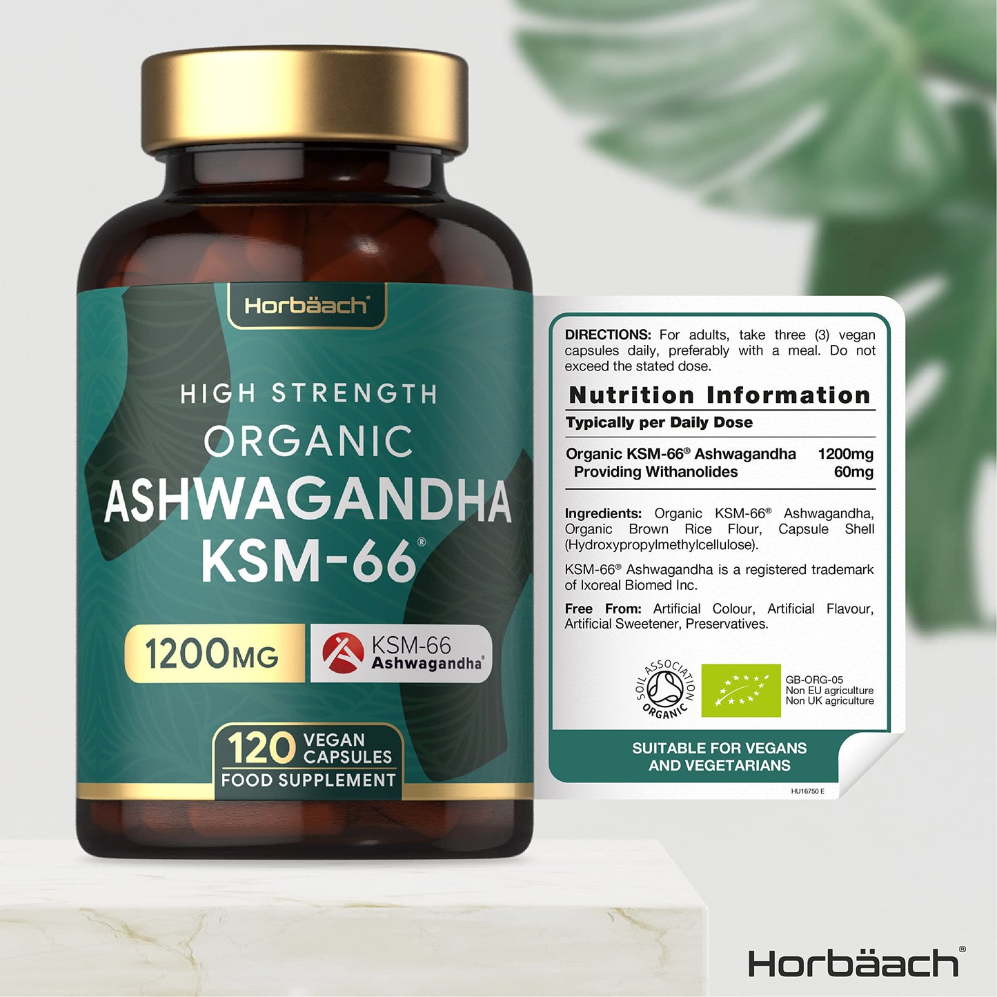 Organic Ashwagandha KSM-66 1200mg | 120 Count | Vegan Powder Capsule Supplement | by Horbaach