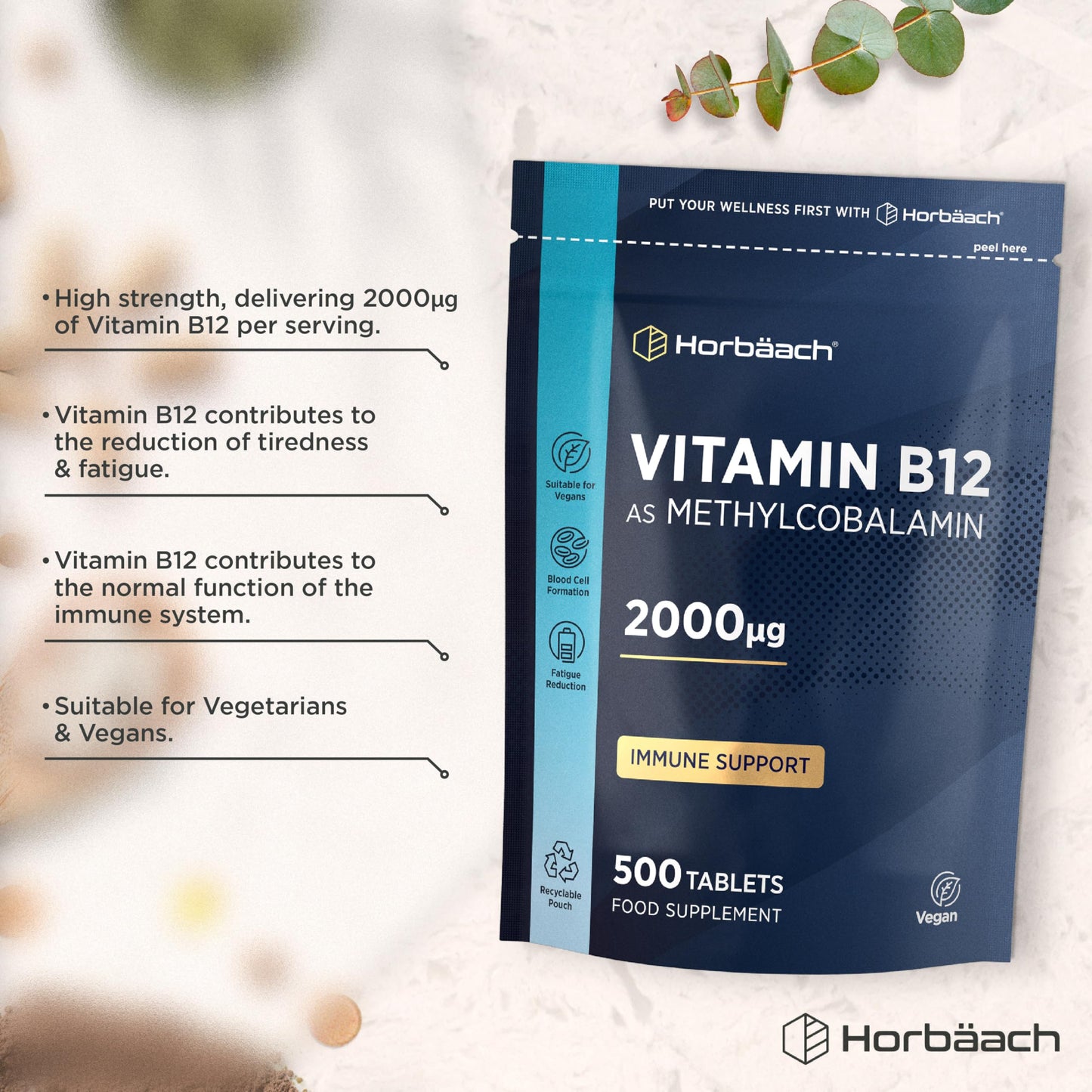 Horbäach Vitamin B12 Tablets High Strength 2000ug | 500 Vegan Tablets | Methylcobalamin | by Horbaach