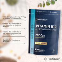 Horbäach Vitamin B12 Tablets High Strength 2000ug | 500 Vegan Tablets | Methylcobalamin | by Horbaach