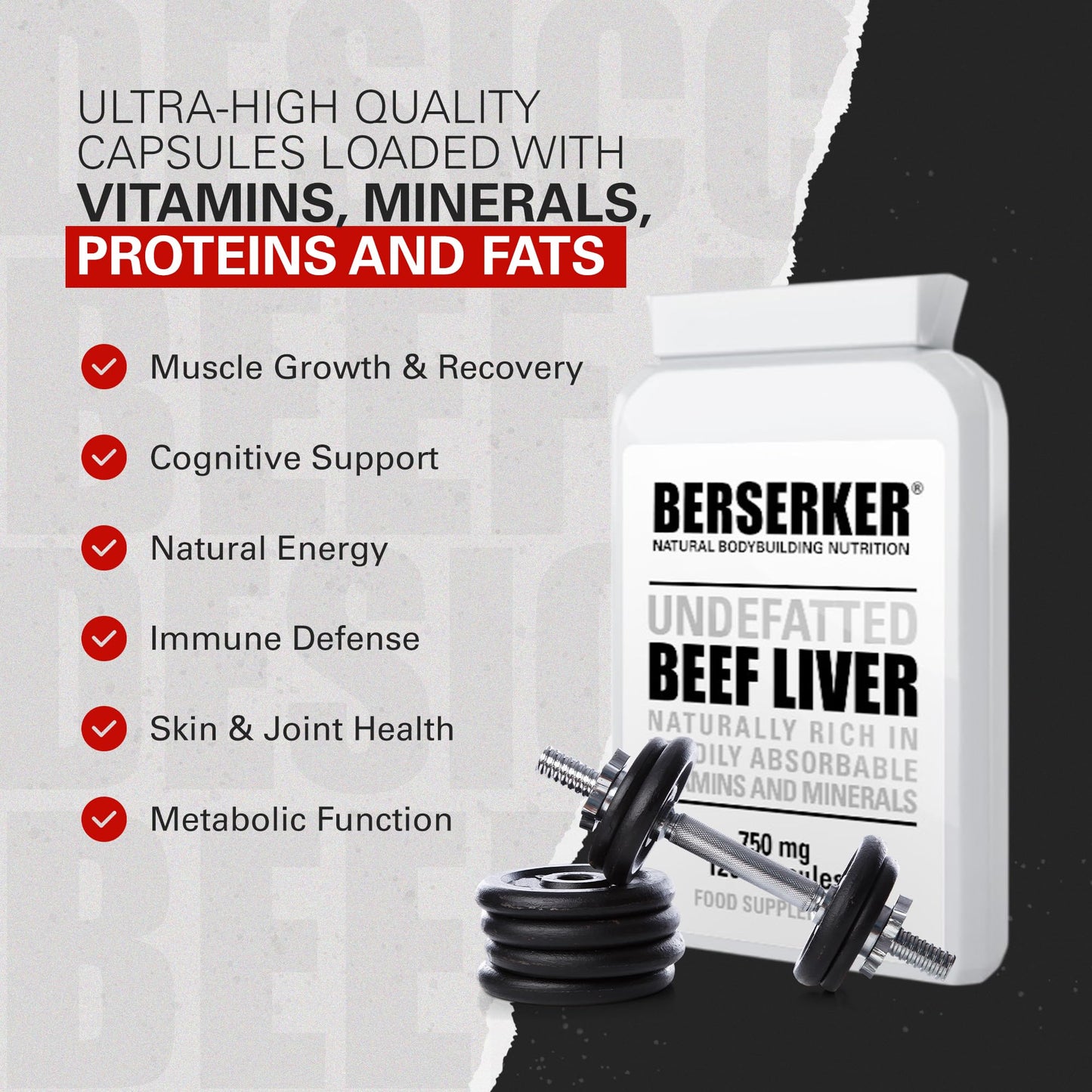 BERSERKER Supplements Berserker Desiccated Beef Liver Supplement 750mg per Capsule 120 Capsules, Un-defatted to Provide Full Absorption of Naturally Occurring Vitamins and Minerals Found in Beef Liver | Made in The UK