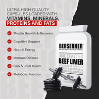 BERSERKER Supplements Berserker Desiccated Beef Liver Supplement 750mg per Capsule 120 Capsules, Un-defatted to Provide Full Absorption of Naturally Occurring Vitamins and Minerals Found in Beef Liver | Made in The UK