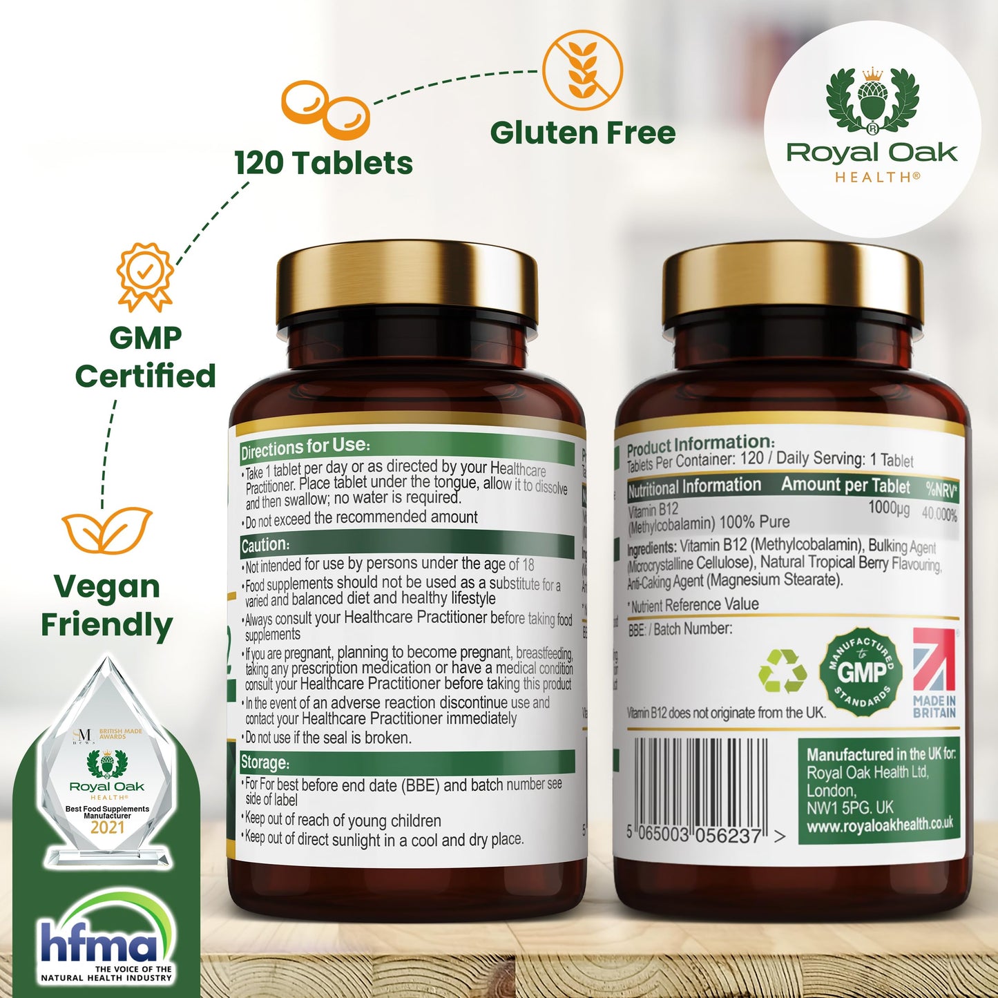 Vitamin B12 Tablets High Strength 1000mcg Sublingual Methylcobalamin, x120 Tablets (Tropical Berry Flavour) Active fast dissolving Vit B12 (4 Month Supply) Vegan Friendly Supplement - Royal Oak Health