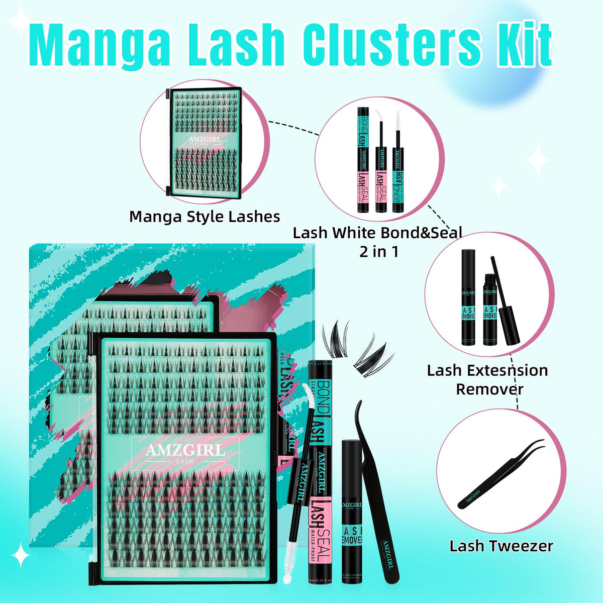AMZGIRL LASH Manga Lash Clusters Kit 144PCS Fairy Eyelash Extension Kit with Bond and Seal, Fake Eyelashes Clusters with Invisible Lash Band, Glue Remover and Applicators (8-16mm,White Bond)