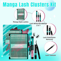 AMZGIRL LASH Manga Lash Clusters Kit 144PCS Fairy Eyelash Extension Kit with Bond and Seal, Fake Eyelashes Clusters with Invisible Lash Band, Glue Remover and Applicators (8-16mm,White Bond)