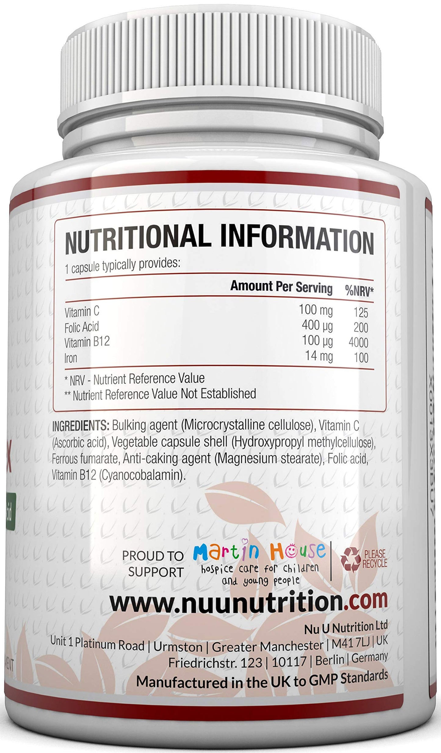 Iron Supplement, 180 Vegan Capsules with Vitamin C, B12 & Folic Acid, for Men and Women - Iron Capsules not Iron Tablets, 6 Month Supply - from Ferrous Fumarate - Made in The UK