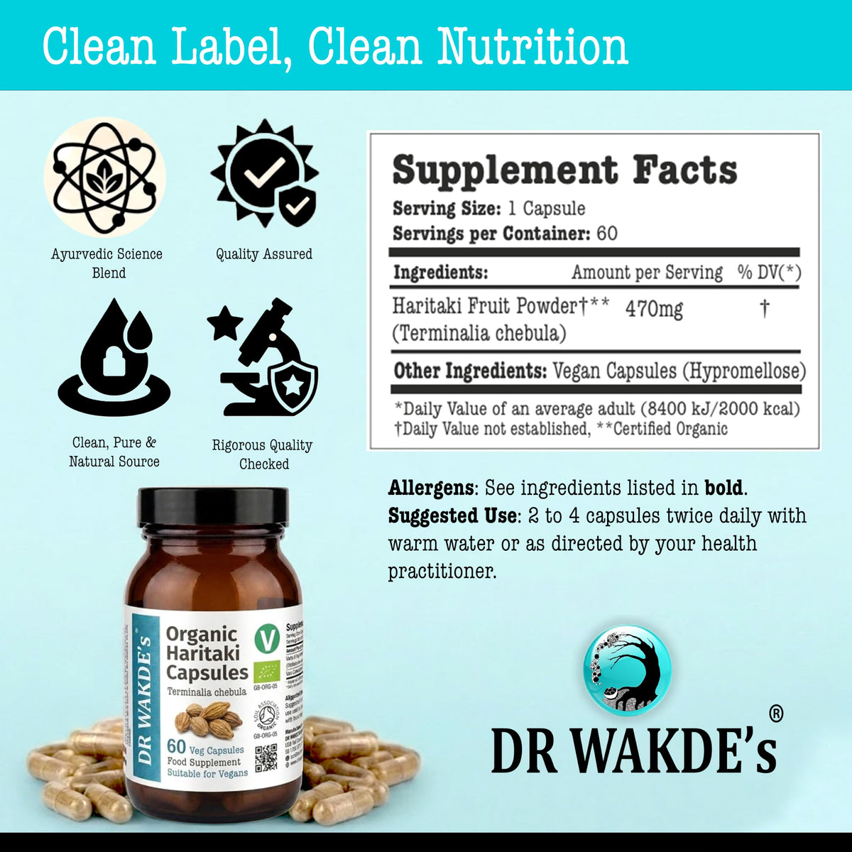 DR WAKDE's DR WAKDE’S Haritaki Capsules (Terminalia chebula/Hirda) | 60 Veg Caps | Ayurvedic Supplement | Vegan | 100% Herbal | Quantity Discounts