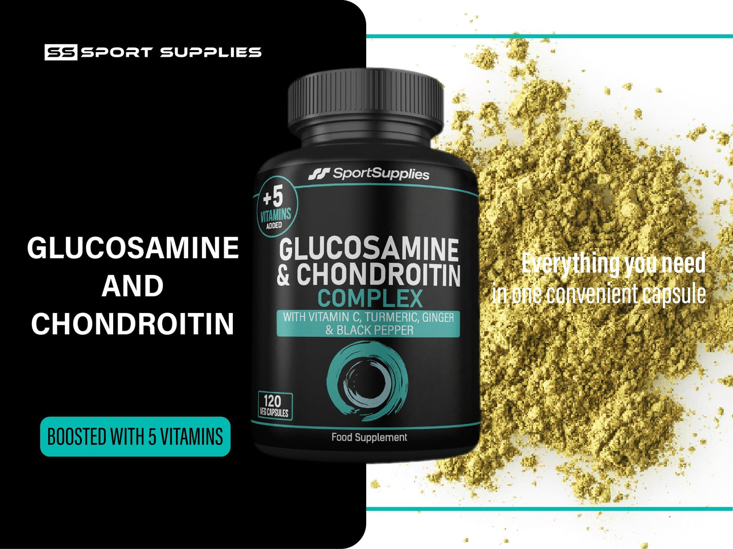 SS Sport Supplies Glucosamine and Chondroitin High Strength Plus 5 Vitamins - 120 Complex Capsules 1,000mg (Providing 530mg Base) - Chondroitin 200mg - Added Turmeric, Ginger, Black Pepper, Vitamin C, B6, B1, D3 & B12