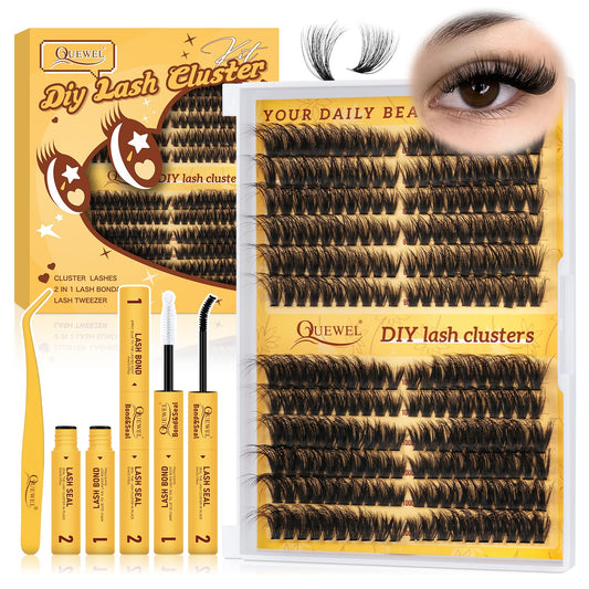 QUEWEL 3D Lash Clusters Kit, 240 PCS Cat Eye Eyelash Clusters 80D+100D Wispy Cluster Eyelash Extensions, Easy to Use Left&Right Lash Extension Kit Reusable Waterproof for DIY at Home (3D 80D+100D-KIT)