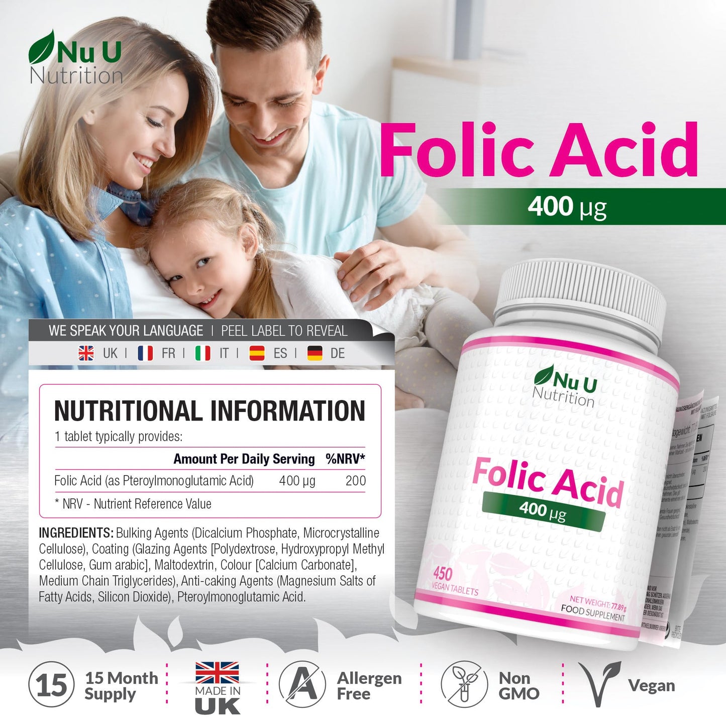 Nu U Nutrition Folic Acid 400 mcg - 450 Vegan Tablets - 15 Month Supply - High Strength Pregnancy Vitamins for Women - Vitamin B9 Supports Maternal Tissue Growth During Pregnancy - Prenatal Vitamins