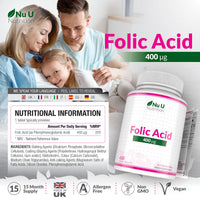 Nu U Nutrition Folic Acid 400 mcg - 450 Vegan Tablets - 15 Month Supply - High Strength Pregnancy Vitamins for Women - Vitamin B9 Supports Maternal Tissue Growth During Pregnancy - Prenatal Vitamins