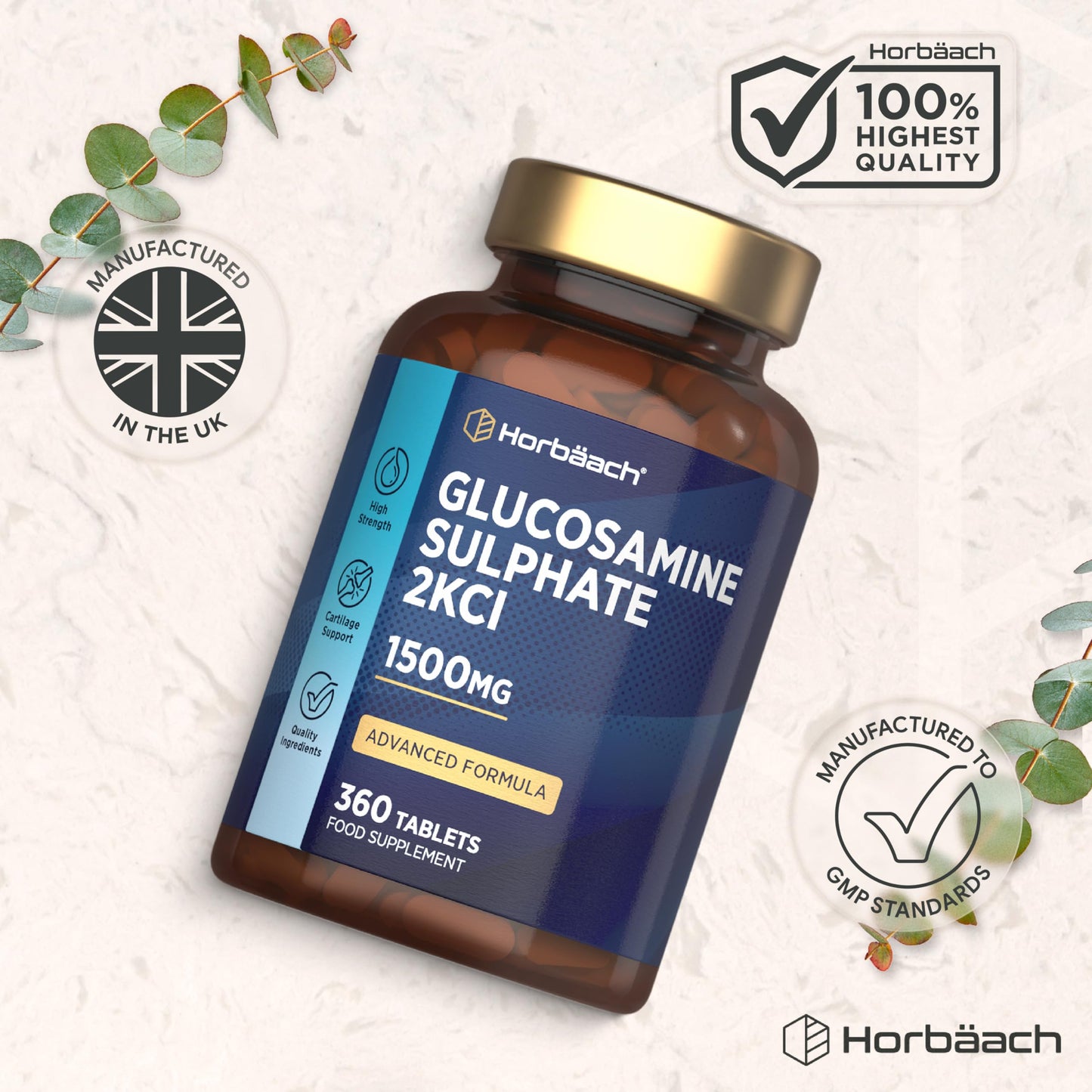 Horbäach Glucosamine Sulphate 1500mg | 360 Tablets | High Strength Glucosamine 2KCl Supplement | by Horbaach