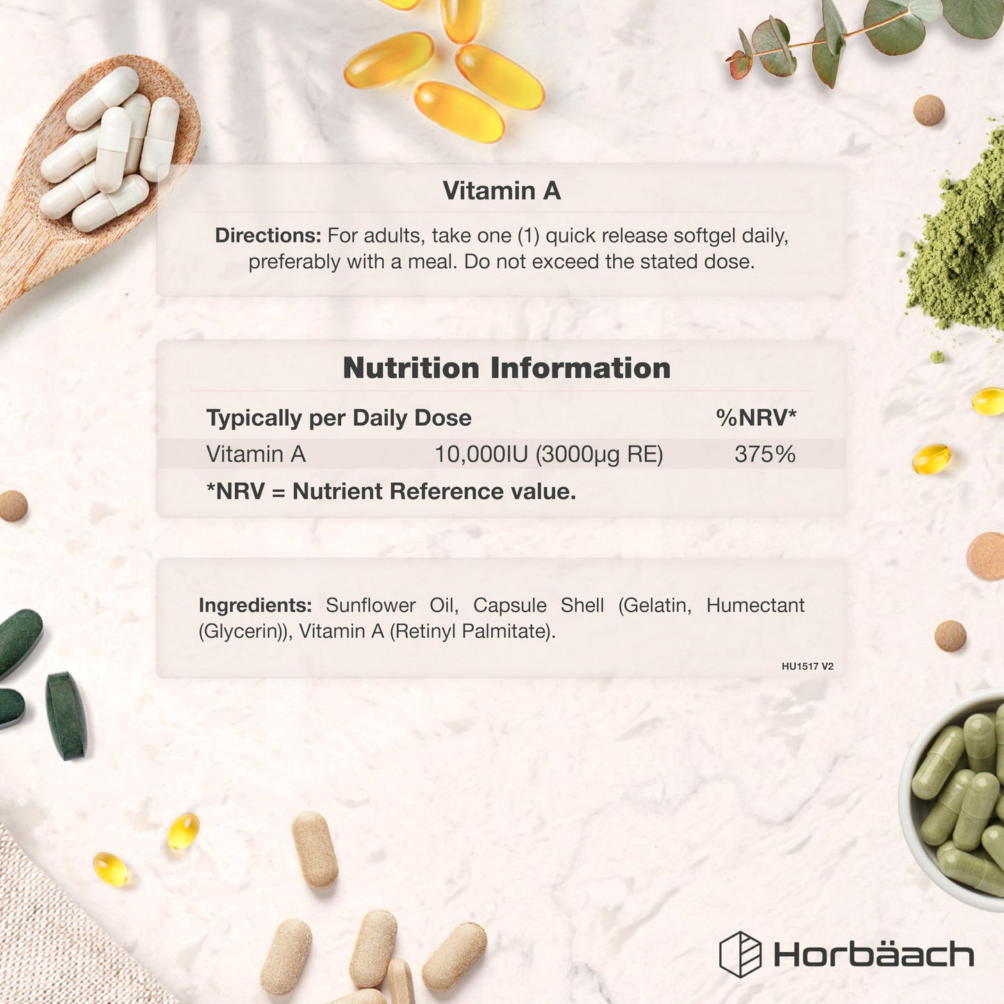 Horbäach Vitamin A Supplement 10,000iu | 365 Count (1 Year Supply) | High Strength Vitamin A 3000ug as Retinyl Palmitate | Tablet Alternative for Adults | by Horbaach