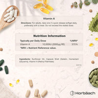 Horbäach Vitamin A Supplement 10,000iu | 365 Count (1 Year Supply) | High Strength Vitamin A 3000ug as Retinyl Palmitate | Tablet Alternative for Adults | by Horbaach