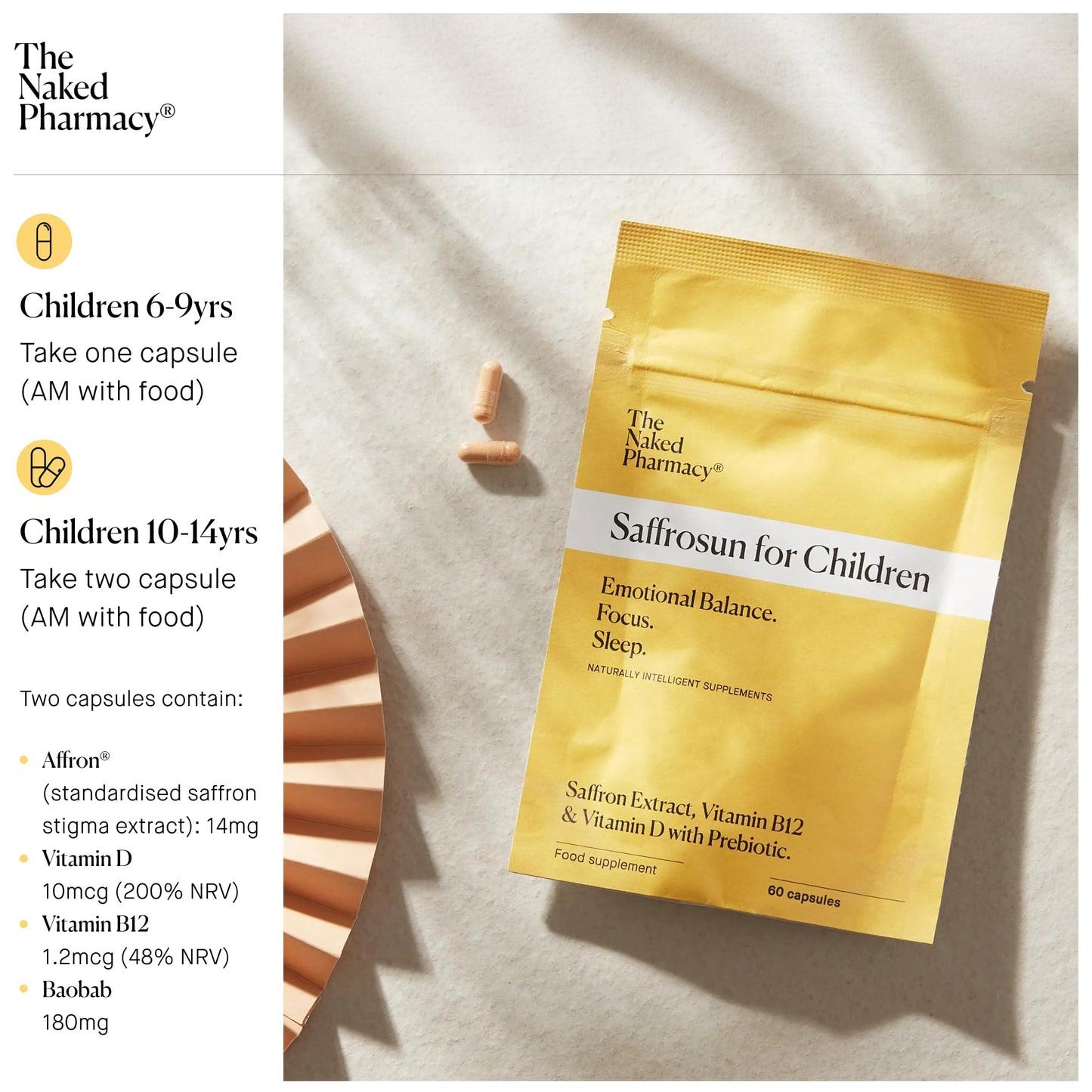 The Naked Pharmacy | Saffrosun for Children | Sleep & Balance | Natural Saffron Supplements with Vitamins D3 & B12 | High Strength | No Additives | Vegan | 60 Capsules