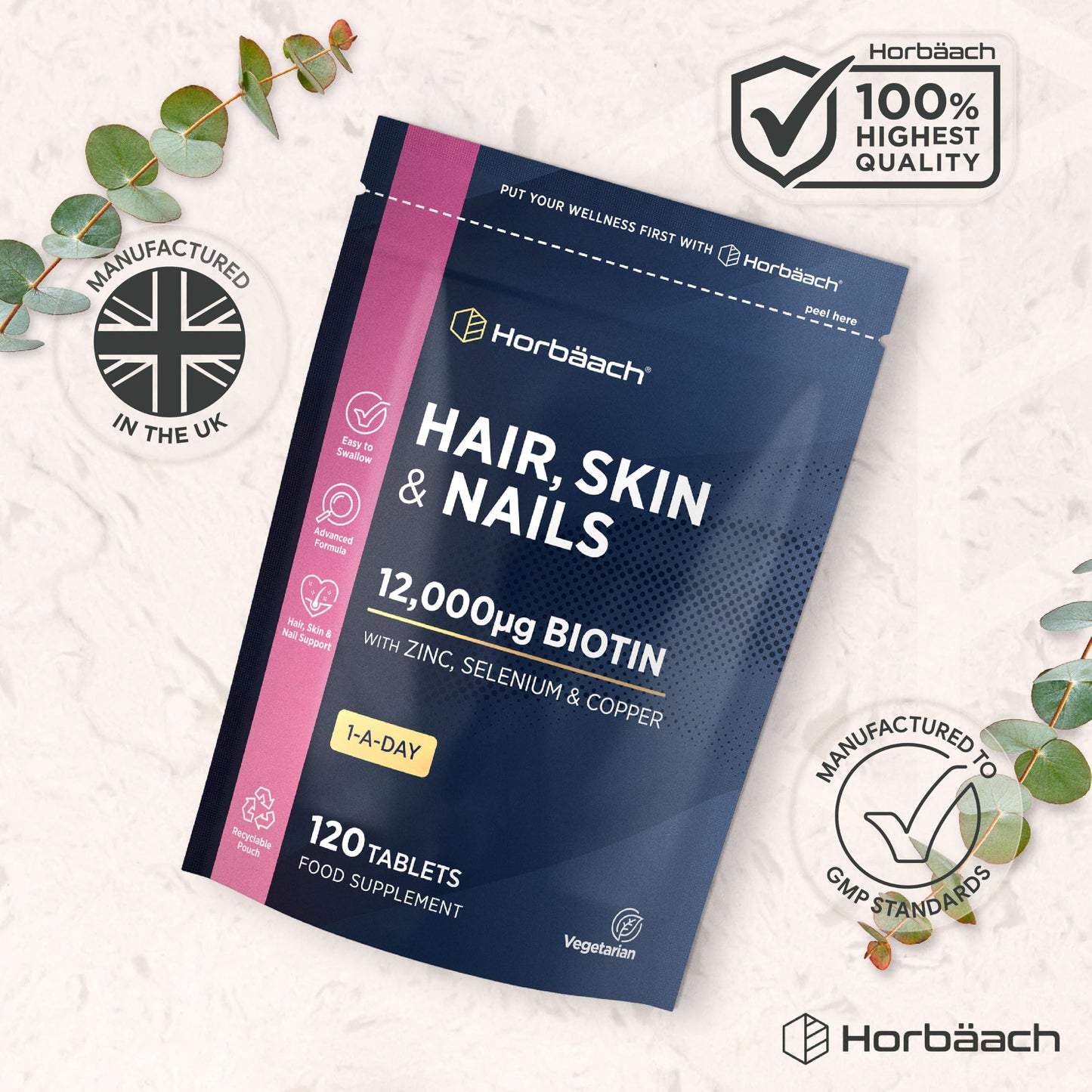 Horbäach Hair Skin and Nails Vitamins | Biotin Hair Growth | 12,000mcg Biotin with Zinc, Selenium, Copper & More! | Beauty Supplement for Women and Men | 120 Vegetarian Tablets | by Horbaach