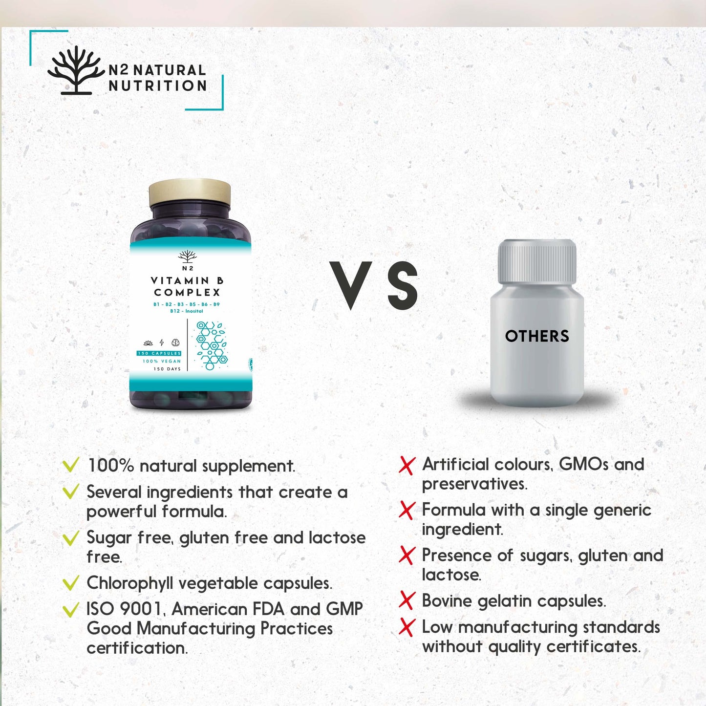Vitamin B Complex High Strength. Vitamin B12, B9 (folic Acid), B7 (Biotin), B6, B5, B3, B2, B1,Inositol. Improves Mental Performance and Reduces Fatigue. 150 Capsules. Vegan. CE. N2 Natural Nutrition