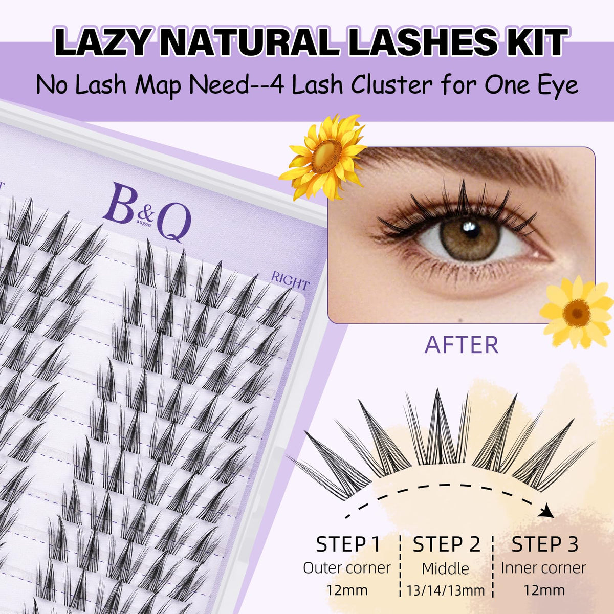 BelleQiana B&Q Clusters Lash Kit Sunflower Lash Extension Kit No lash Map Natural LASH Clusters Individual with Invisible Band Eyelash Extension kit C Curl LASH with Bond and Seal (LRTZ-Sunflower)