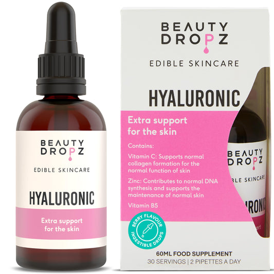 Beauty Dropz Hyaluronic Oral Skin Care Drops – Radiant Skin – Vitamin C – Plumping Support – Vitamin B5 / Vegan Liquid Supplement with Zinc & Glycerine – Berry Flavour – 60ml