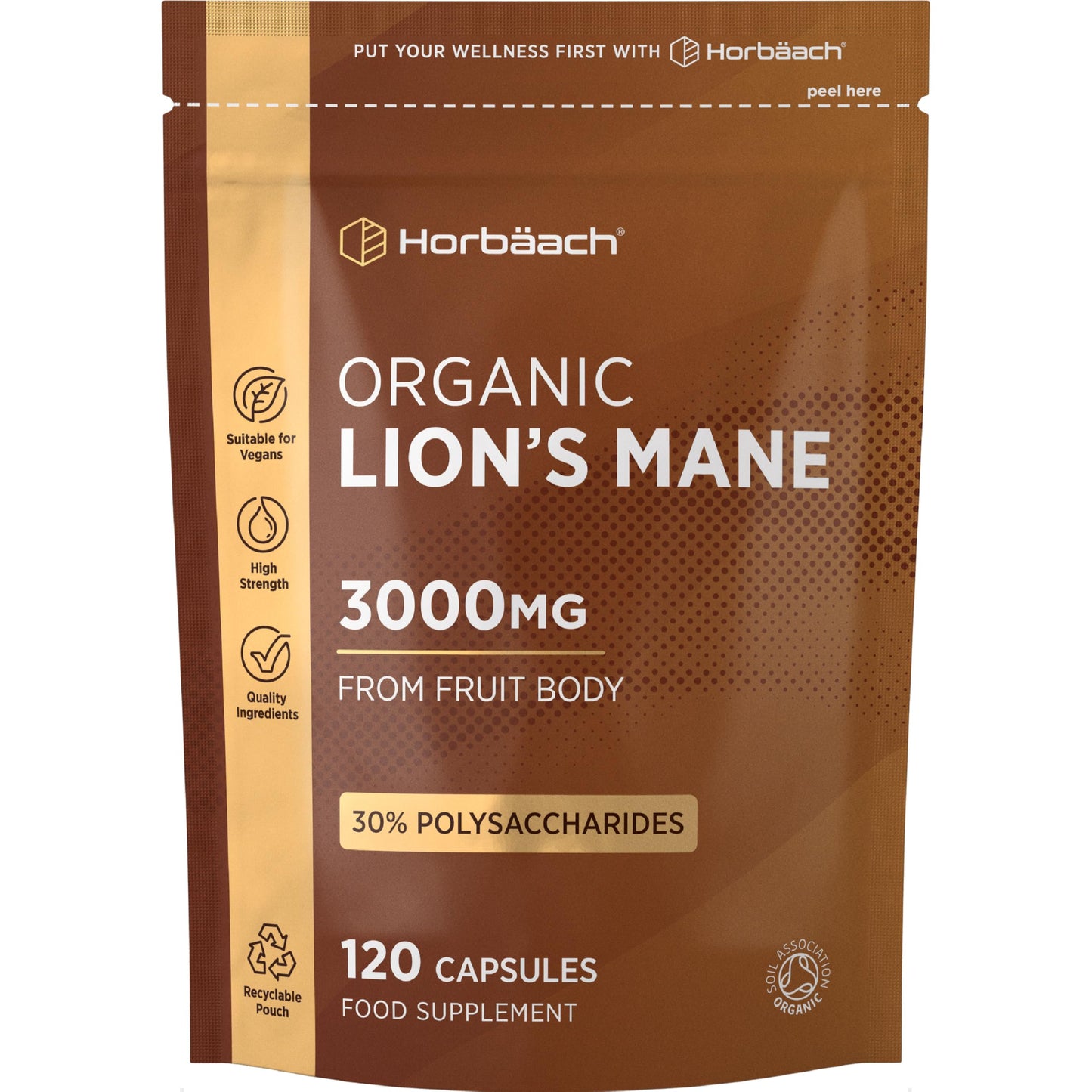 Horbäach Organic Lions Mane Supplement 3000mg | High Strength | Certified Organic by The Soil Association | Mushroom Fruiting Bodies Extract | 120 Vegan Capsules | by Horbaach
