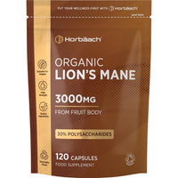 Horbäach Organic Lions Mane Supplement 3000mg | High Strength | Certified Organic by The Soil Association | Mushroom Fruiting Bodies Extract | 120 Vegan Capsules | by Horbaach