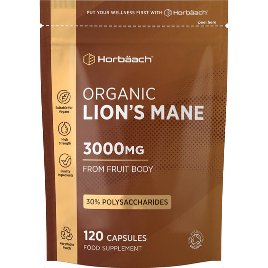 Horbäach Organic Lions Mane Supplement 3000mg | High Strength | Certified Organic by The Soil Association | Mushroom Fruiting Bodies Extract | 120 Vegan Capsules | by Horbaach
