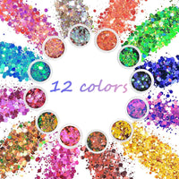 June tech 12 Colors Festival Glitter, Nail Glitter Powder, Holographic Cosmetic Glitter for Face Body Eye Hair Nail and DIY Art