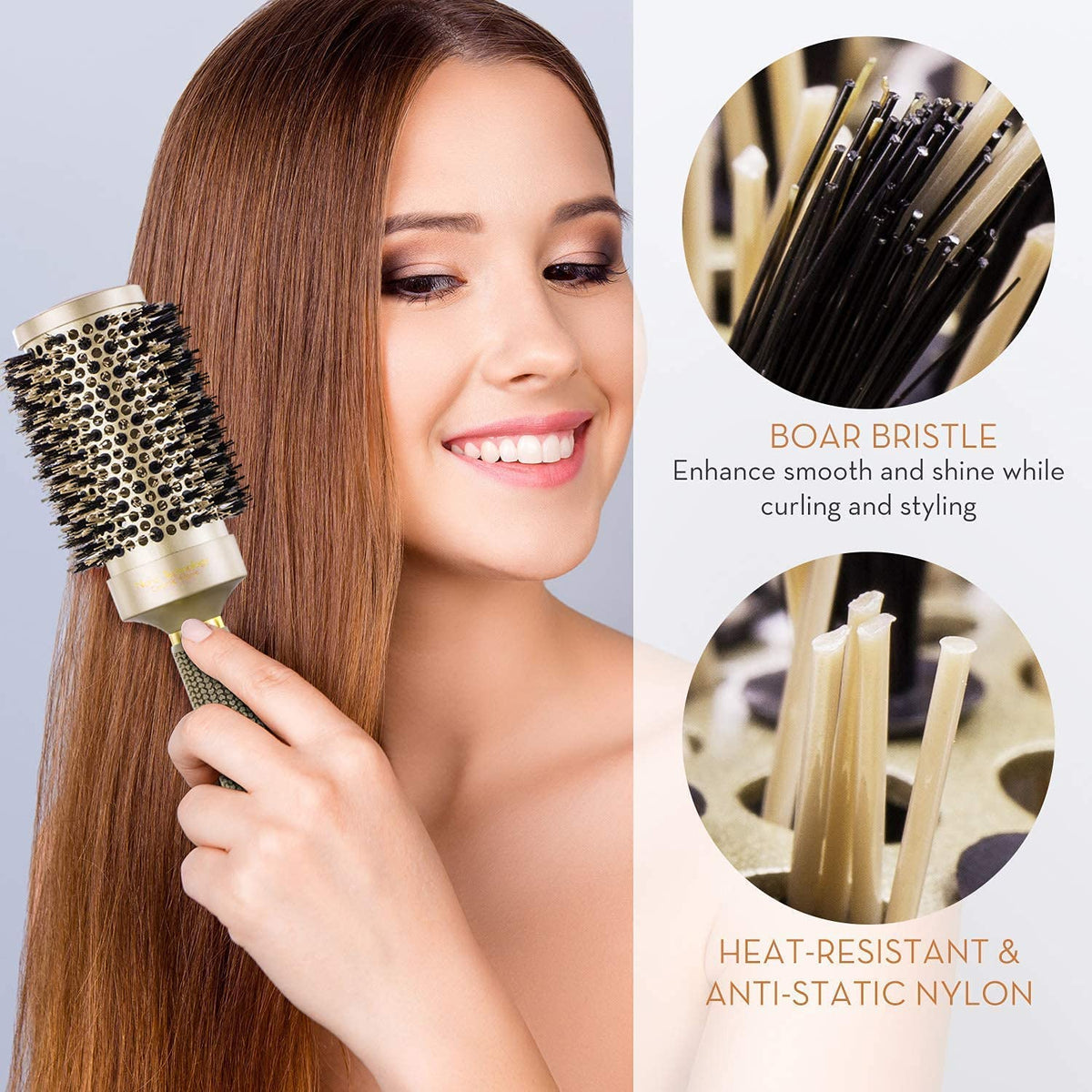 AIMIKE Round Brush, Nano Thermal Ceramic & Ionic Tech Hair Brush, Round Barrel Brush with Boar Bristles, Enhance Texture for Hair Drying, Styling, Curling and Shine (Barrel 2.1 inch) + 4 Free Clips by Aimike