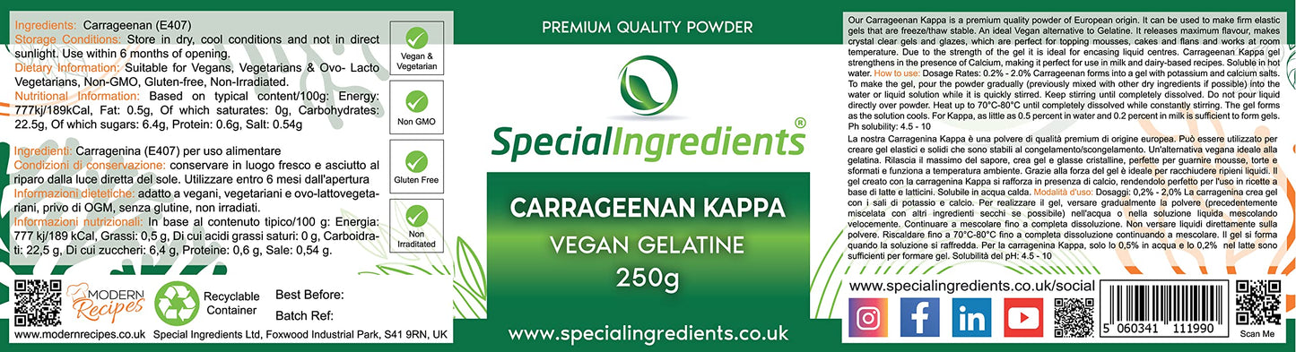 Special Ingredients Carrageenan Kappa 250g Premium Quality Suitable for Vegans, Vegetarians & Ovo- Lacto Vegetarians, Non-GMO, Gluten-free, Non-irradiated – Recyclable Plastic Container