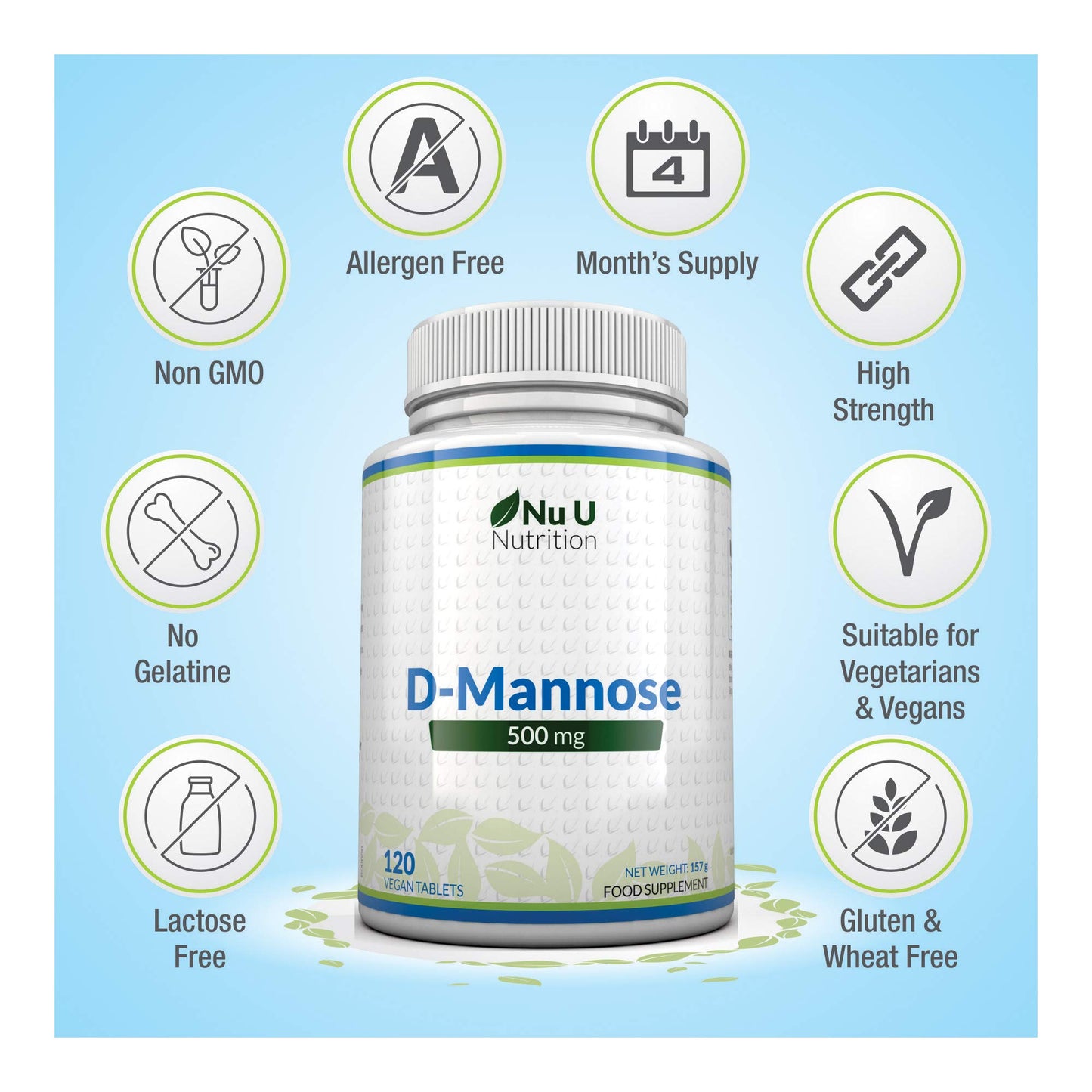 Nu U Nutrition D-Mannose Tablets 500mg - 120 Vegan Tablets - 4 Month Supply - High Strength D Mannose - Not Capsules or Powder - Made in The UK