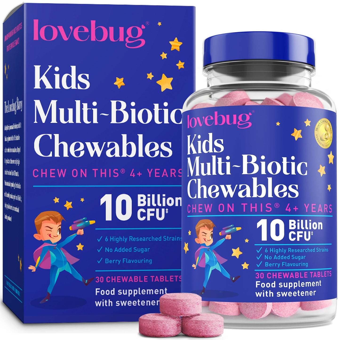 LOVEBUG Lovebug Kids Probiotic Chewables - 10 Billion CFU with Prebiotics - Friendly Bio Cultures for Children & Toddlers (Age 4+) - 30 Chewable Berry Flavour Tablets - Gentle Support for Childrens Gut Health