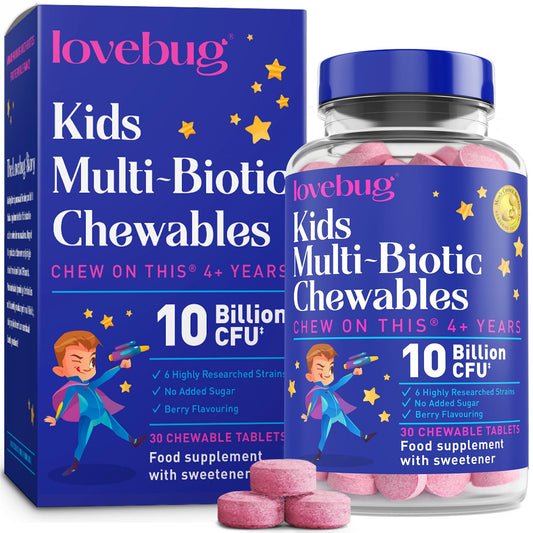 LOVEBUG Lovebug Kids Probiotic Chewables - 10 Billion CFU with Prebiotics - Friendly Bio Cultures for Children & Toddlers (Age 4+) - 30 Chewable Berry Flavour Tablets - Gentle Support for Childrens Gut Health