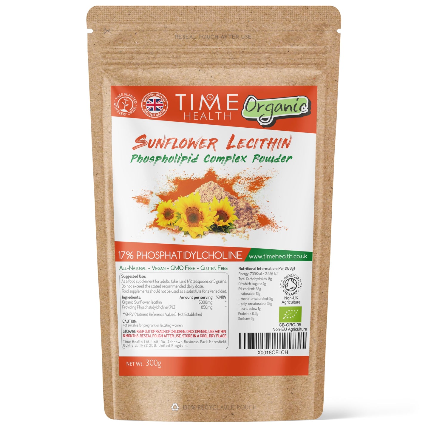 Time Health Organic Sunflower Lecithin - 17% Phosphatidylcholine - 300g - UK Made