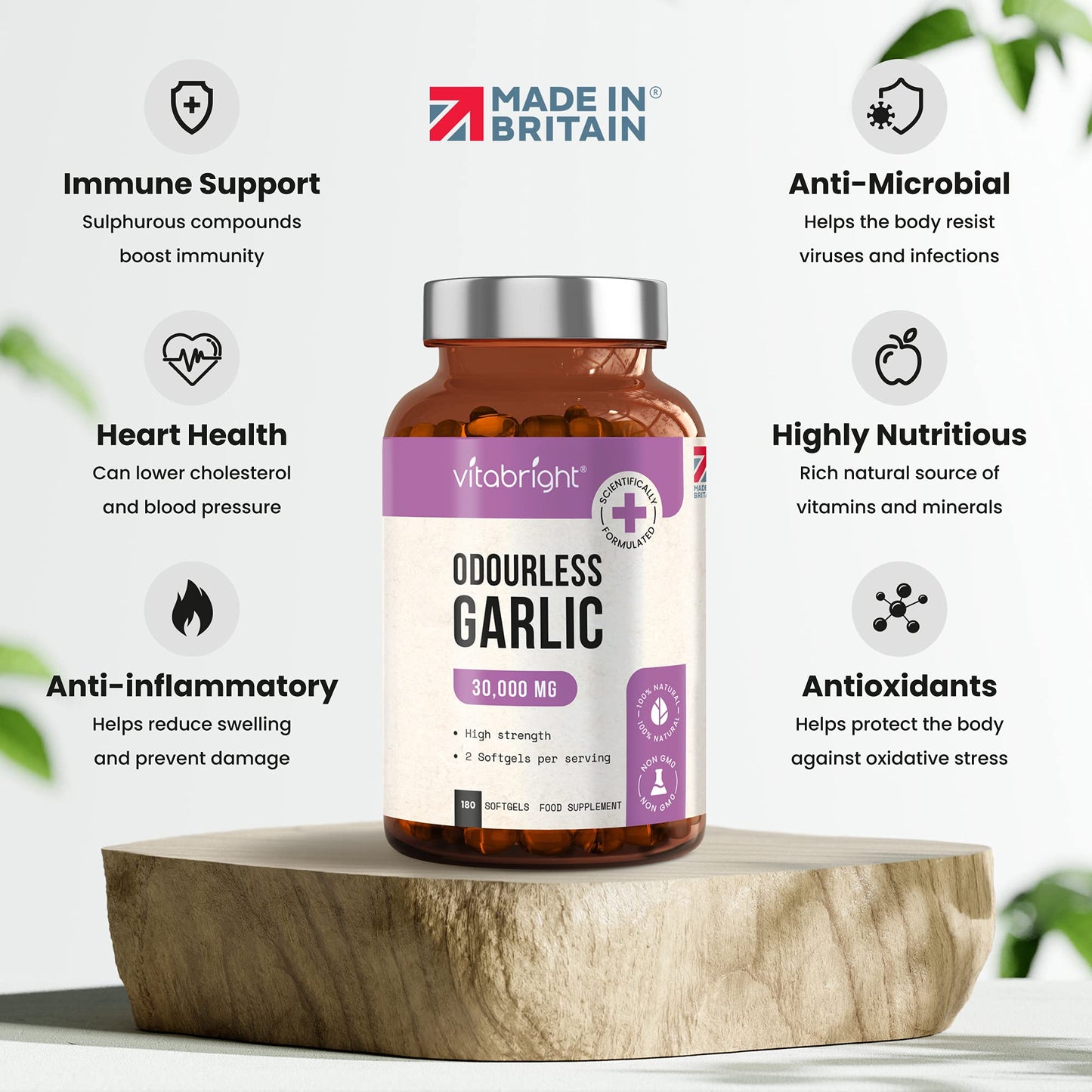 Odourless Garlic Capsules - High Strength 30,000mg - 180 Deodourised Garlic Oil Softgels – High in Allicin Garlic Supplement - 100% Natural Cold Pressed Garlic Tablets – Immune Support - Made in UK