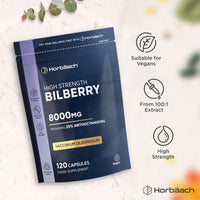 Horbäach Bilberry Extract 8,000mg | High Strength 25% Anthocyanidins | 120 Vegan Capsules | Vaccinium Uliginosum | Resealable & Recyclable Pouch | Horbaach