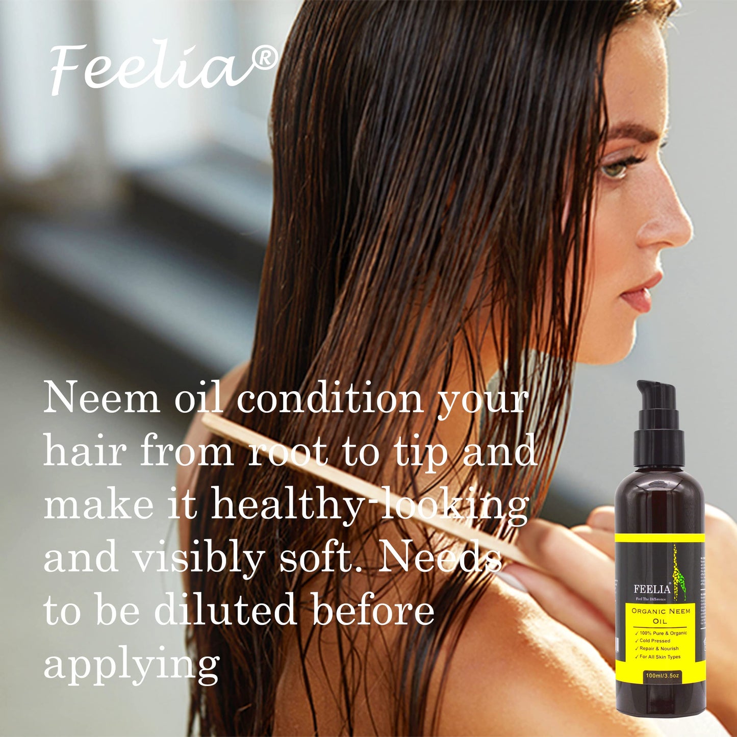Feelia - Organic Neem Oil - Cold pressed, Rich in Vitamin E & Antioxidants, Repairs & Nourish, 100% Pure & Organic - 100ml