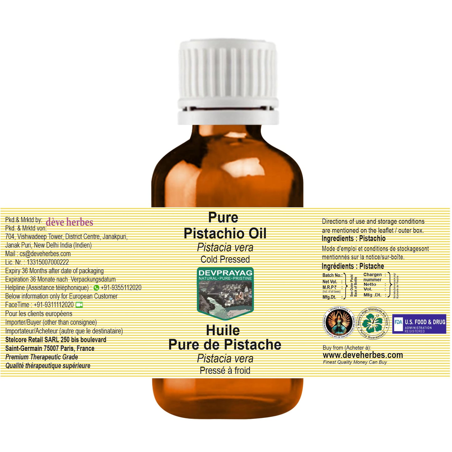 DEVPRAYAG Devprayag Pure Pistachio Oil (Pistacia vera) Natural Therapeutic Grade Cold Pressed 100ml (3.38 oz)