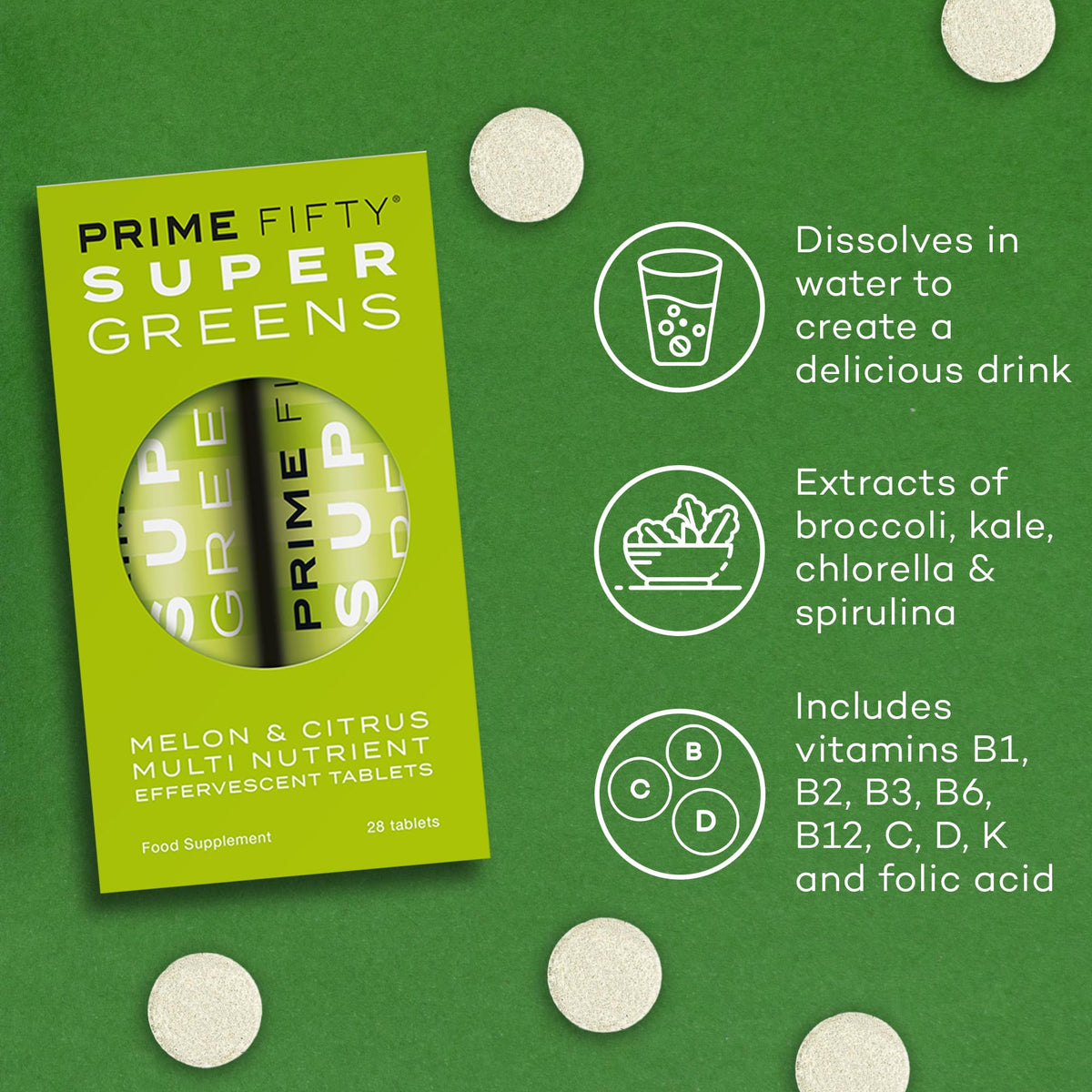 Prime Fifty Super Greens Effervescent Multivitamins, 28 Tablets
