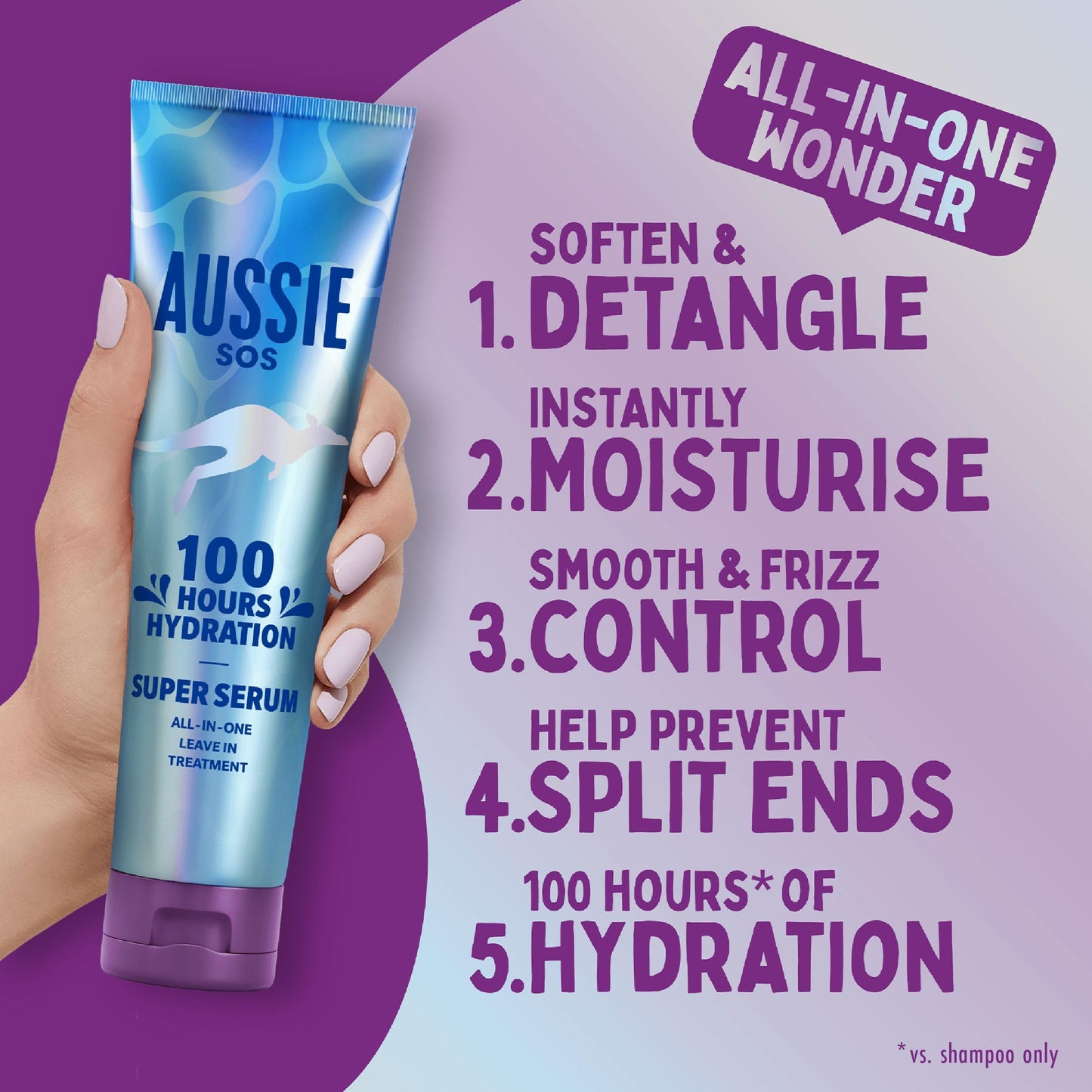Aussie Super Serum Leave-in Conditioner Hair Serum Treatment, for Dry, Damaged Hair. 100 Hours of Hydration, Smooth, Soften, Detangle, Prevent Split Ends and Boost Shine, 160ml