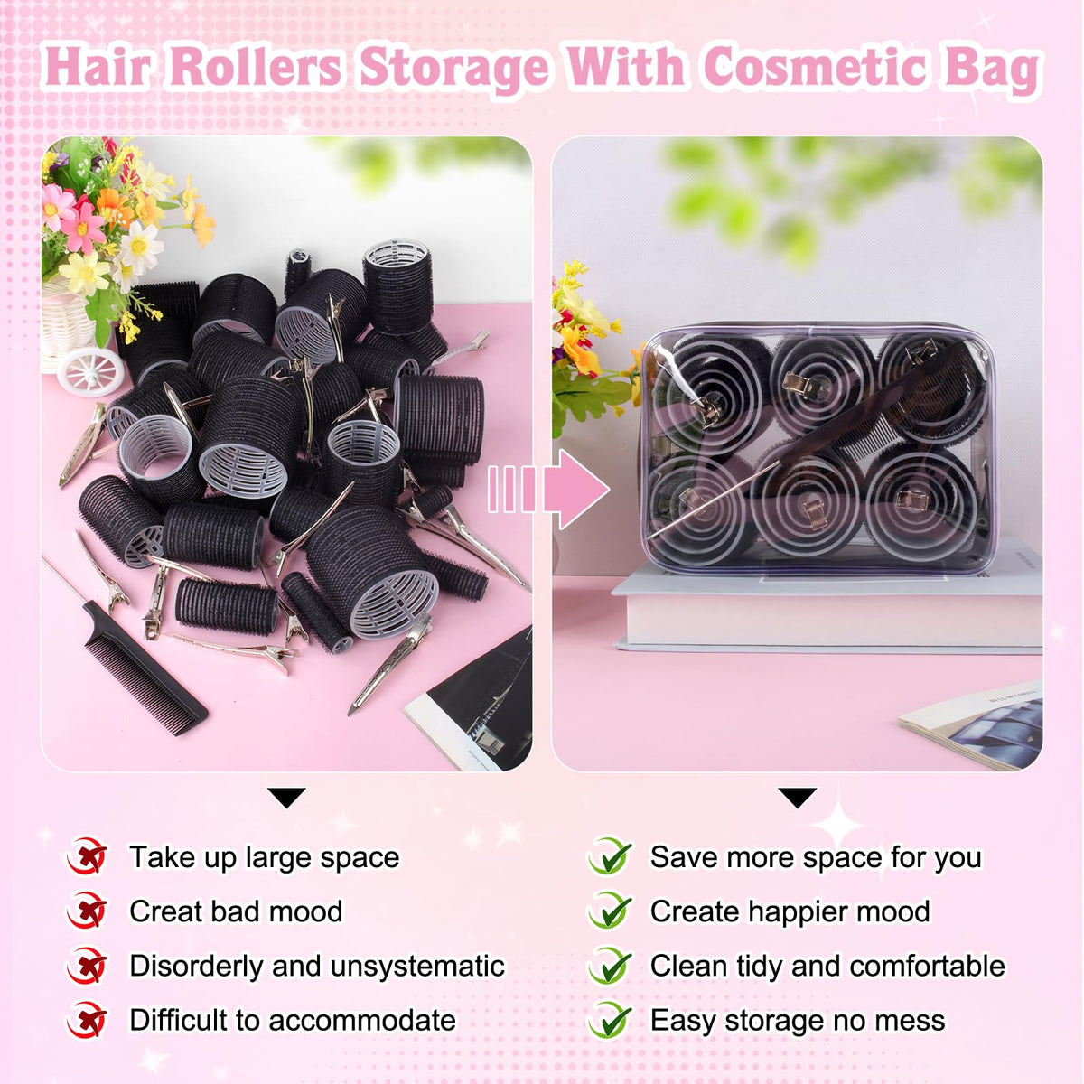 BELICOO 60 PCS Hair Rollers with Clips, 5 Sizes(60/48/36/25/15mm) Hair Curlers Rollers with 28 Metal Clips, Perfect for Long Medium Short Thick Hair (Black)