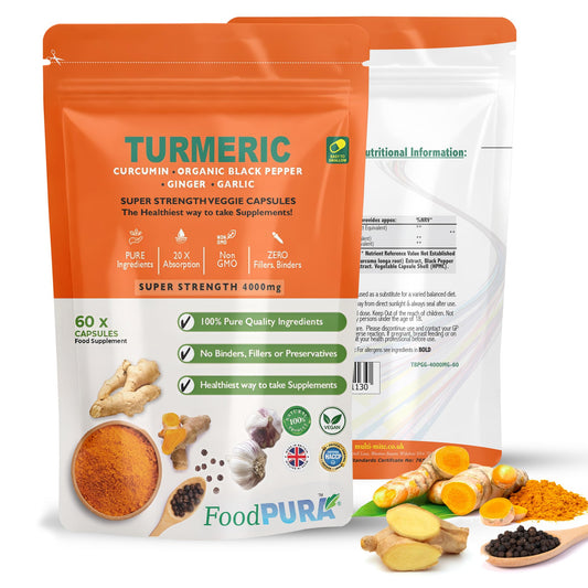 FoodPURA 4000mg Turmeric (Curcumin), Ginger, Garlic & Organic Black Pepper Capsules HACCP Certified, Manufactured in The UK by FoodPURA (60)