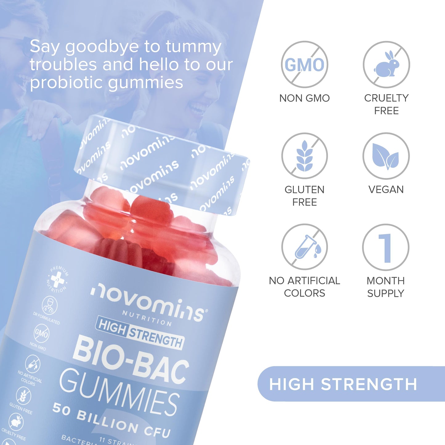Probiotic Gummies – 50 Billion CFU – High Strength Probiotic Supplements for Men and Women – Bio-Bac Gummies for Adults - 11 Strains of Live Bacteria – Immune & Gut Support - by Novomins