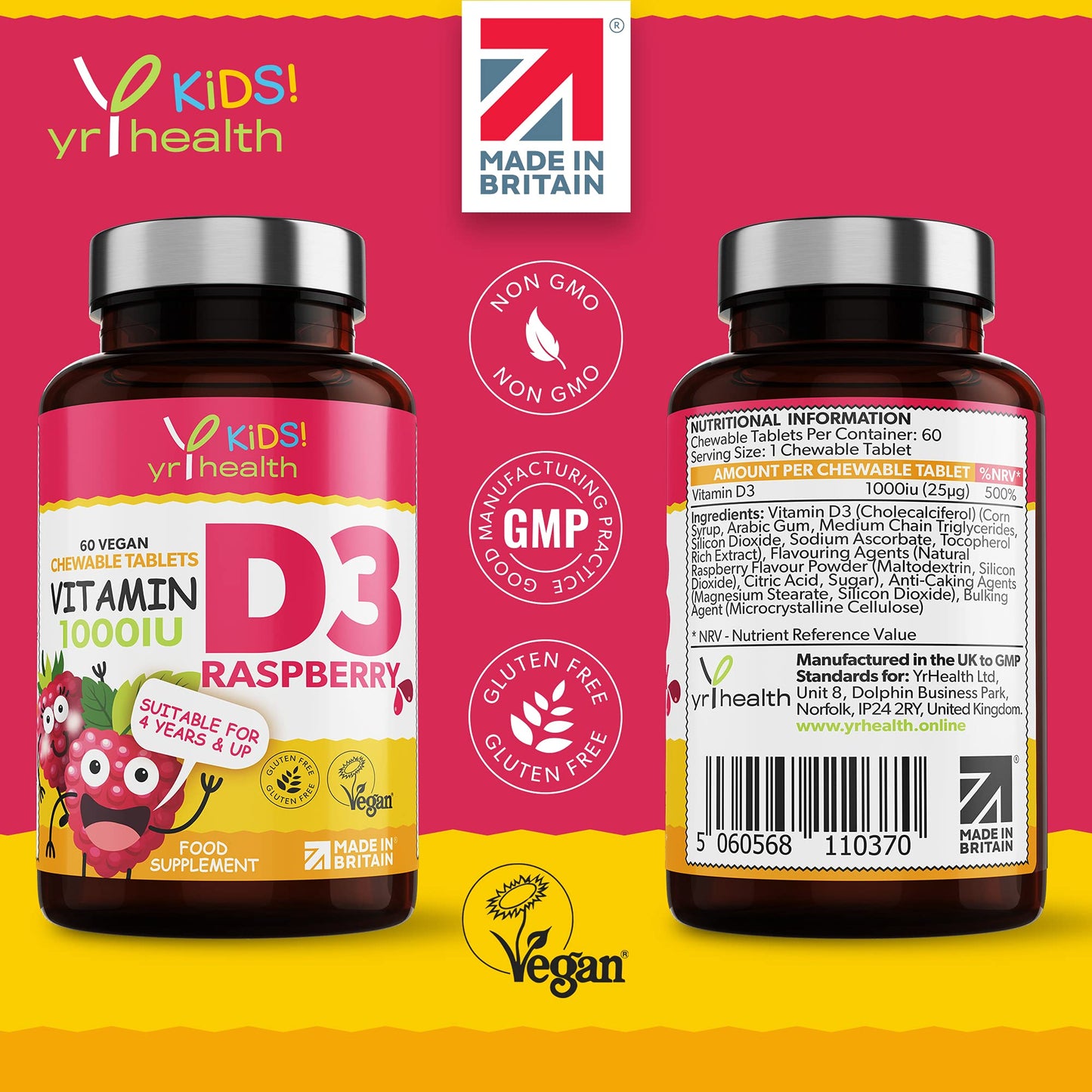 yrhealth Kids Vitamin D3 1000 iu High Strength - Chewable Raspberry Flavour Vitamin D for Kids 4-12 Years, Vegan Society Registered Tablets not Gummies - 2 Months Supply - Made in The UK by YrHealth