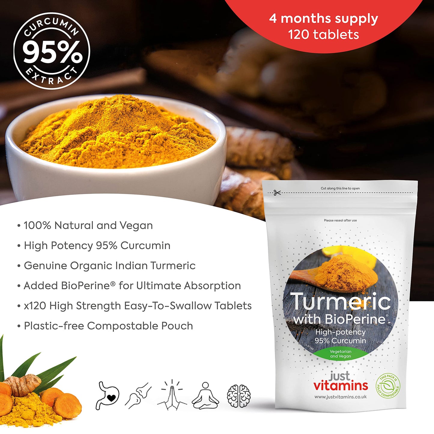 Just Vitamins High Strength Turmeric Curcumin 95% + Black Pepper Bioperine® 10,000mg Tablets x120, 4 Month Supply, Advanced Turmeric Supplement with Patented Black Pepper Extract for Max Absorption - UK Made